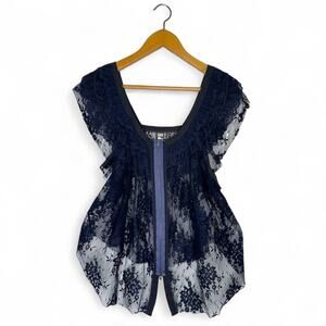 Free People Women's Lace Zip Top Size M Navy Blue Dual Zipper Front Ruffle